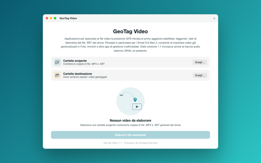 GeoTag Video su macOS: selezione cartella sorgente e destinazione