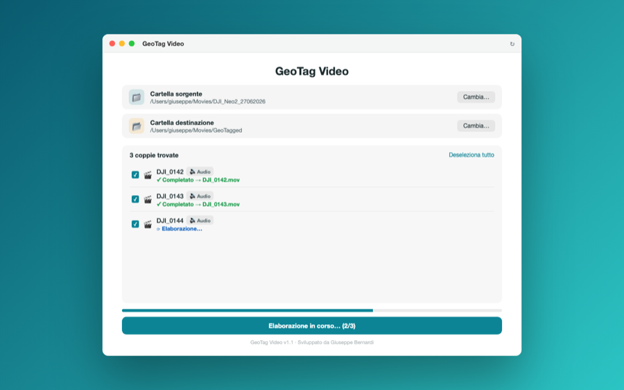 GeoTag Video su macOS durante l'elaborazione di un batch di video con audio